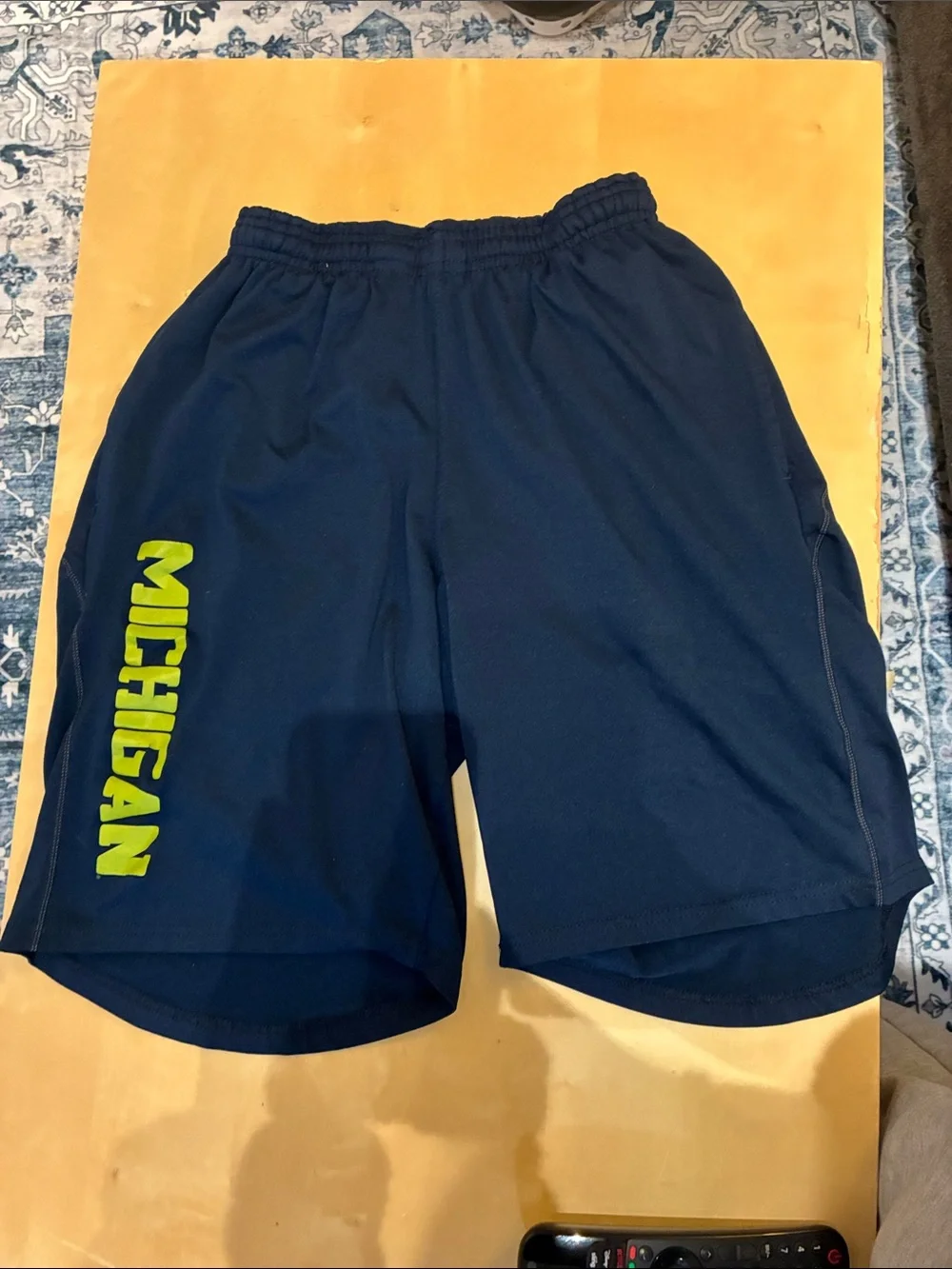 adidas Navy Athletic Shorts with Lime Michigan Script